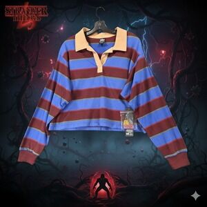 Stranger Things Cropped Rugby Polo Shirt Women's Medium  w/Patches Retro Stripe